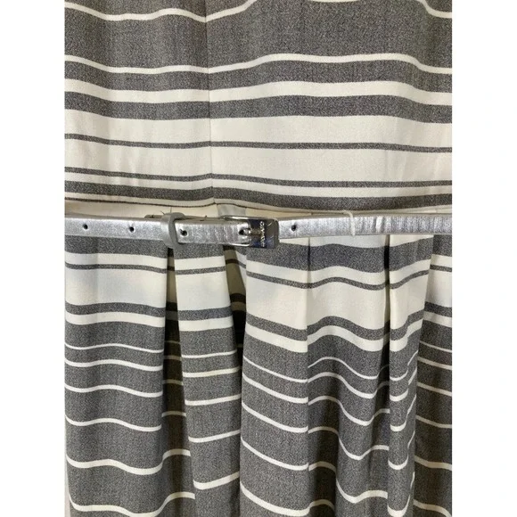 Classic Preppy Calvin Klein Women 6 Grey White Striped Belted Fit Flare Dress - Picture 4 of 12